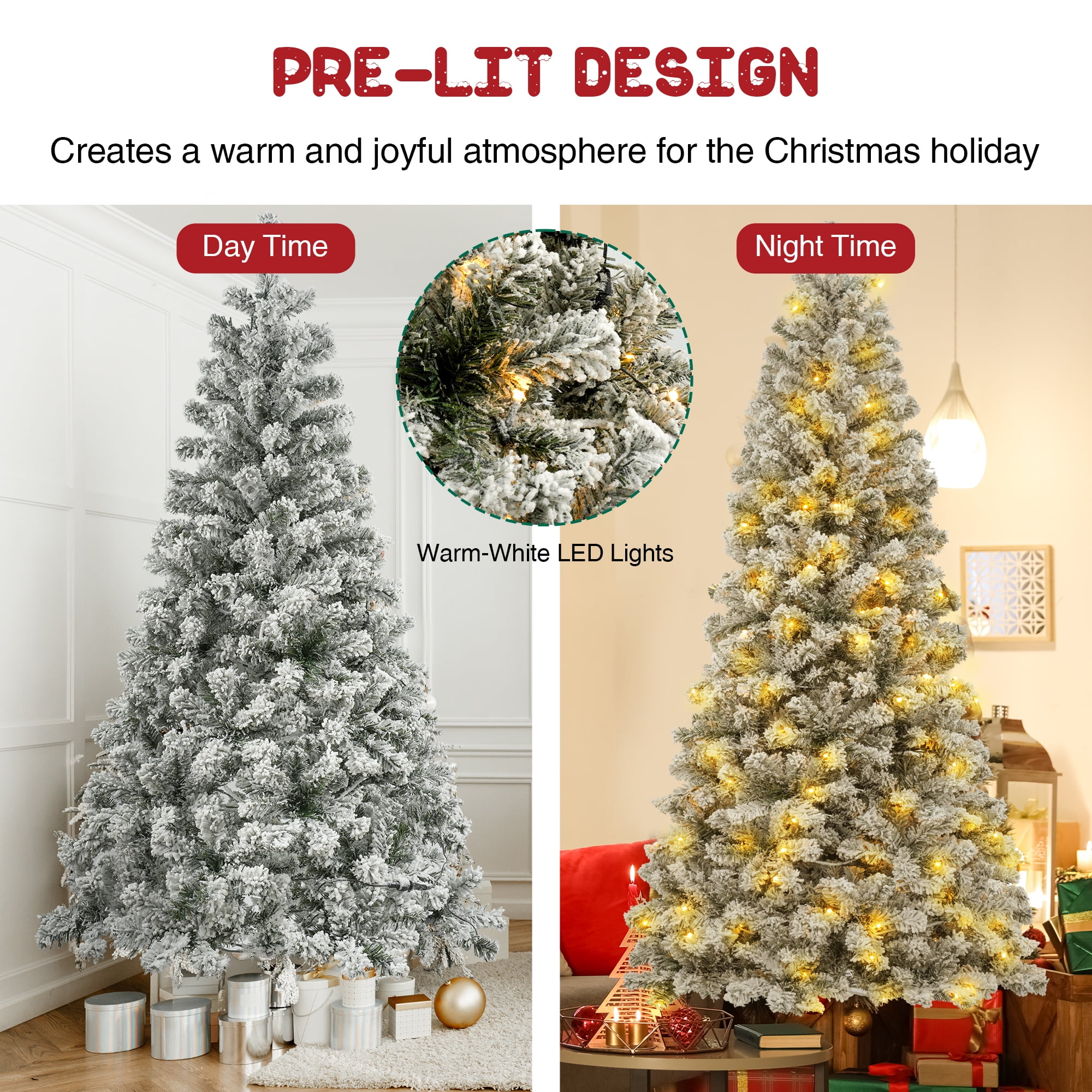 Posrue 6.5ft Pre-Lit Snow Flocked Slim Christmas Tree with 1000 Tips 250 Warm Lights, Hinged Artificial Holiday Xmas Pine Tree, White