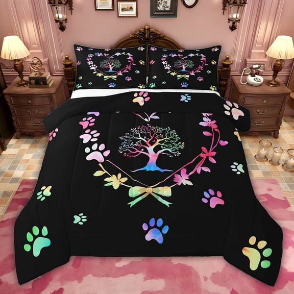 jejeloiu Kawaii Dog Paws Twin Comforter Sets,Boho Tree Of Life Bedding Set For Girls Boys Reversible 2pcs