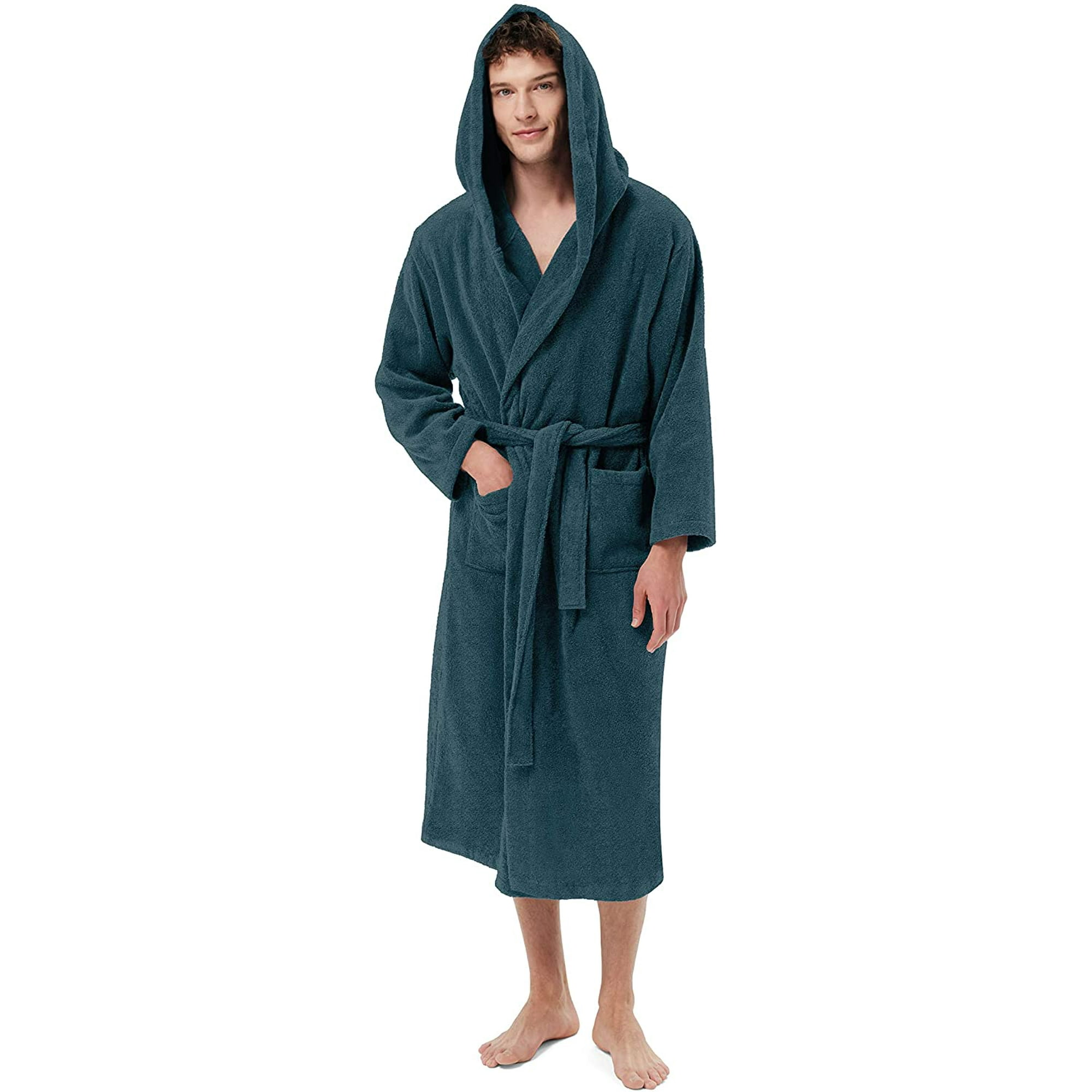 Men s Terry Cloth Robe Hooded Long Bathrobe Towel Cotton Big Tall Spa Shower Dressing Gown