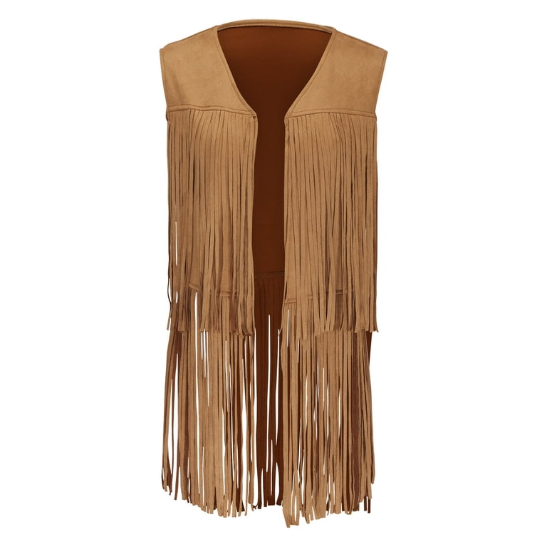 FRINGE VEST SET SUEDE JACKET ブラウンM Womens Tassel Sleeveless Vest 70s Hippie Suede Fringe Jacket