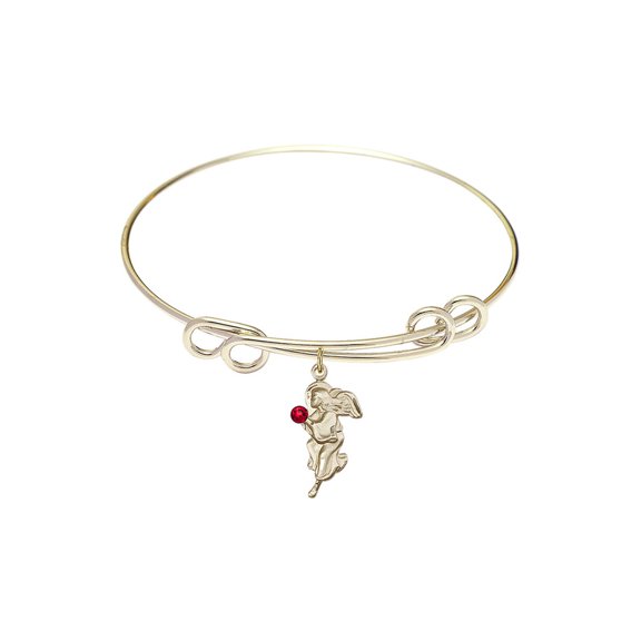 8 1/2 inch Round Double Loop Bangle Bracelet w/ Guardian Angel medal charm w/ July Red Swarovski Crystal