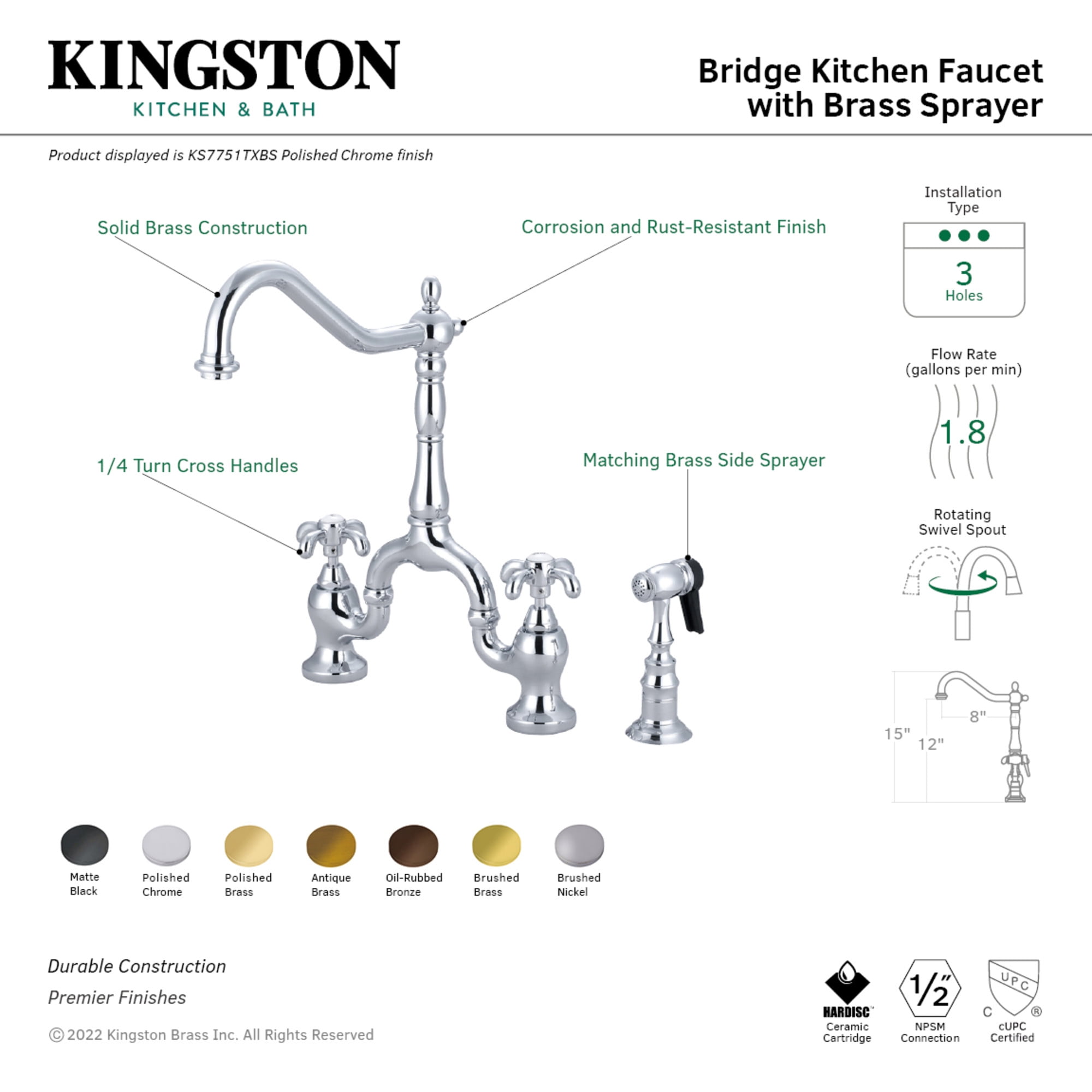 Kingston Brass KS7753TXBS French Country Two-Handle 3-Hole Deck Mount Bridge Kitchen Faucet with Brass Side Sprayer in Antique Brass