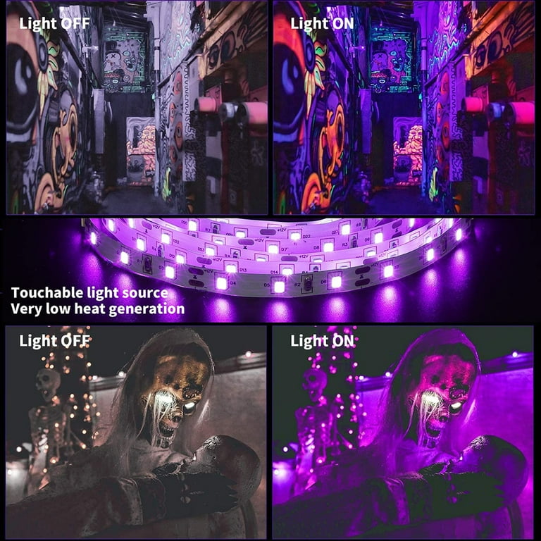 Rosnek 16.4ft/300LEDs UV Black Light Strip, UV Purple Lamp Bar Black Light Beads 12VDC Flexible Blacklight Strip Bar Light, for Halloween Party Room