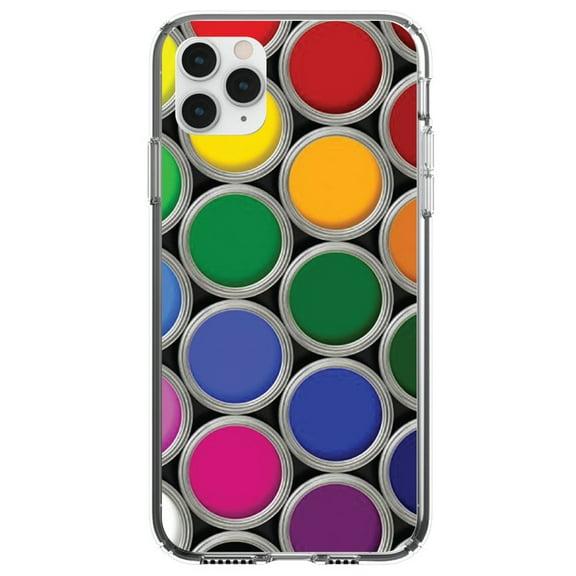 DistinctInk Clear Shockproof Hybrid Case for iPhone 13 PRO (6.1" Screen) - TPU Bumper, Acrylic Back, Tempered Glass Screen Protector - Rainbow Paint Cans - Rainbow Art Supplies