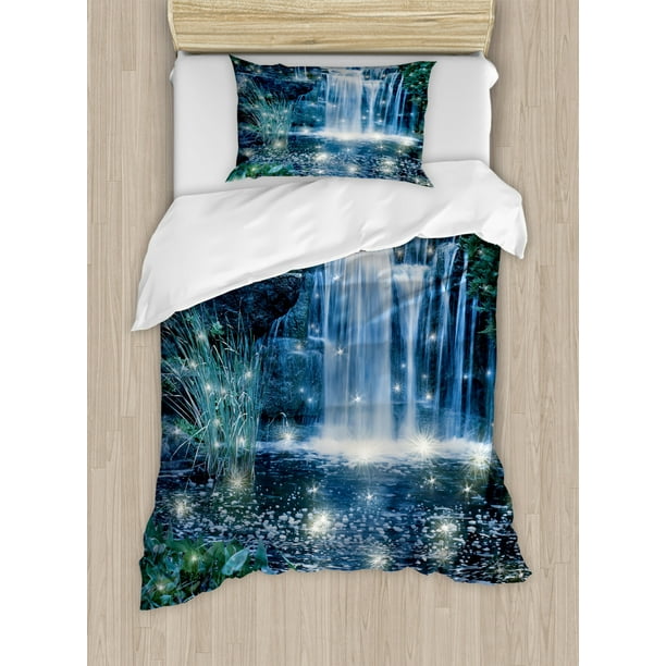 Magical Duvet Cover Set Fairy And Fantastic Cascade At The Night On The Water Fresh Landscape Image Print Decorative Bedding Set With Pillow Shams Grey Green By Ambesonne Walmart Com Walmart Com