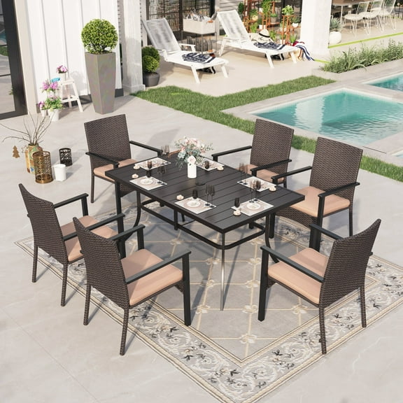 Alpha Joy 7 Pieces Wicker Outdoor Patio Dining Set Chairs&Table Set
