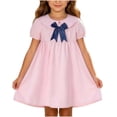 thumbnail image 2 of Spazoro Girls Cute Dresses Bow Decor, Short Puff Sleeve Collared Soft & Comfy Solid Color Casual A-Line Dress for School Pink Size 5-6 T, 2 of 8