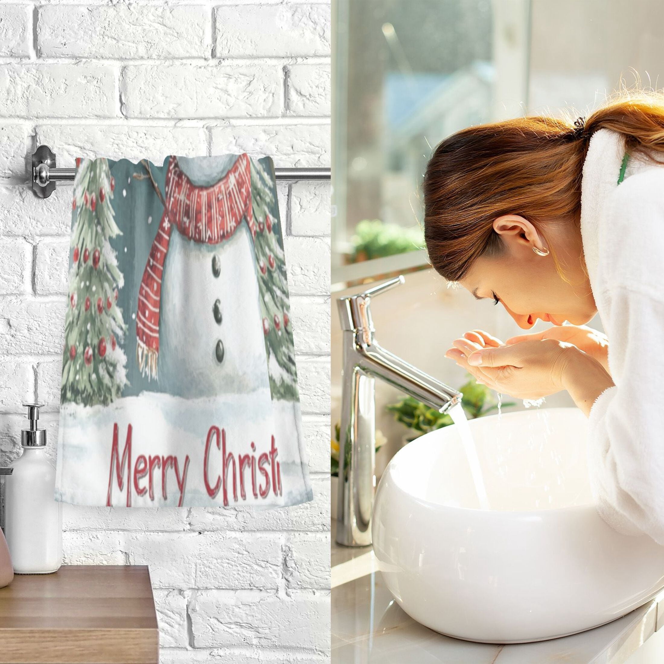 Cotton Towel Two-Piece 16x28 Inch One Sizex2 Face Towel Set Towel Set Cotton Hand Bath Towel Bathroom Beach Santa Hat Snowman Picture