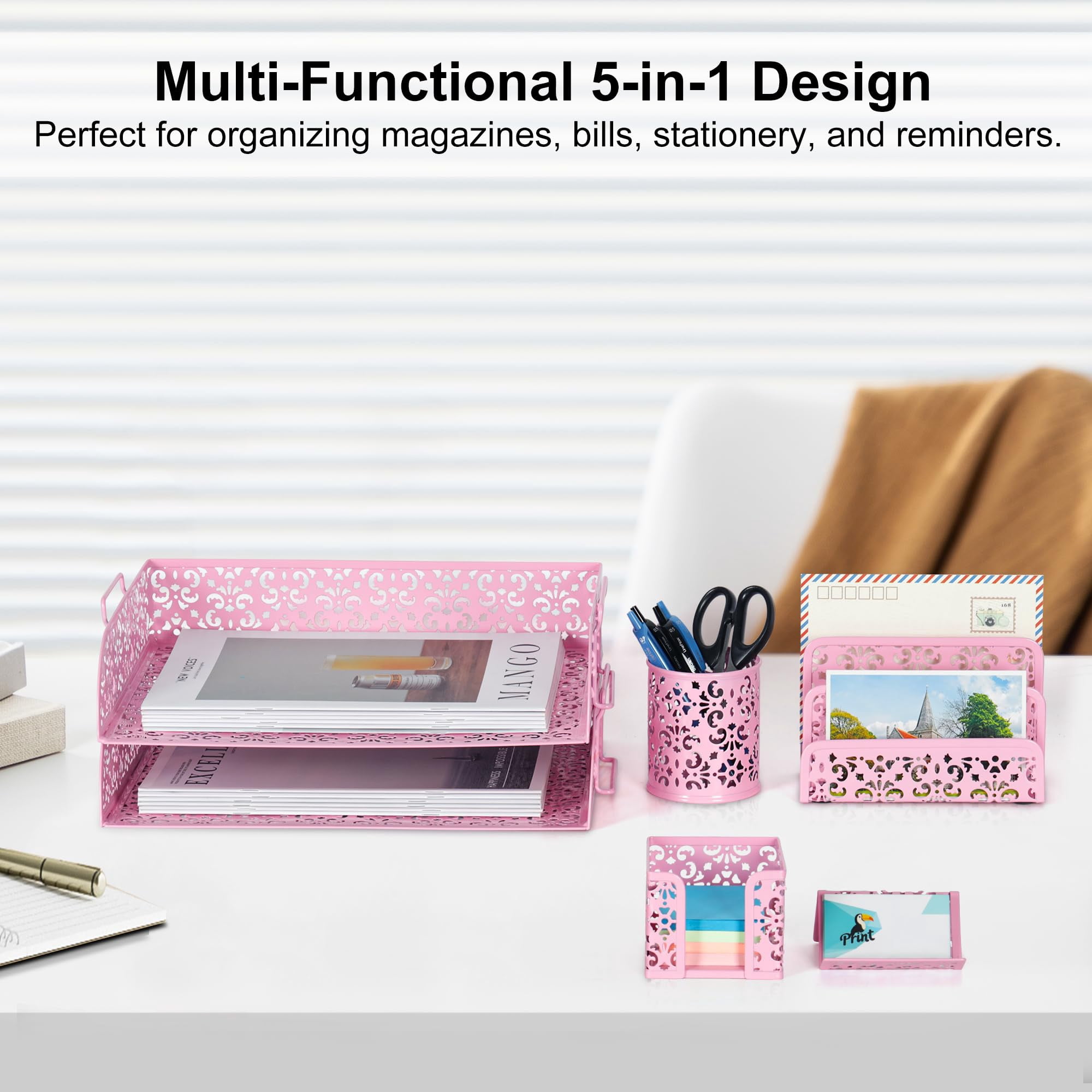 Desk Organizers And Accessories 5 Pieces Office Supplies Set - 2 Tier Paper Tray  Pencil Organizer For Mail Sorter Countertop Business Card Holder Sticky Note Pink