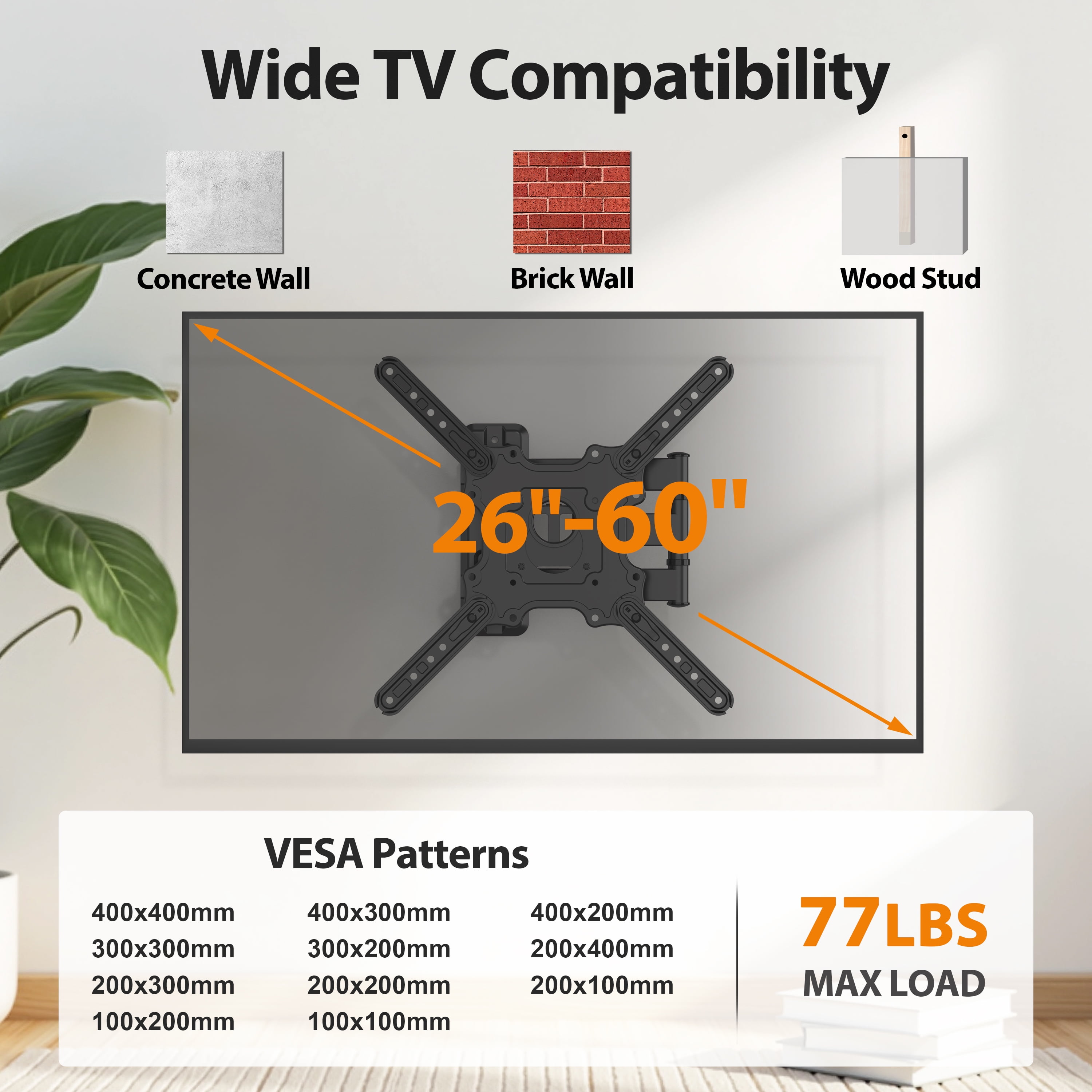 MountLiving Full Motion TV Wall Mount for 26-60 inch TVs, Single Stud Corner Bracket with Swivel & Tilt, Max VESA 400x400mm, 77 lbs Capacity