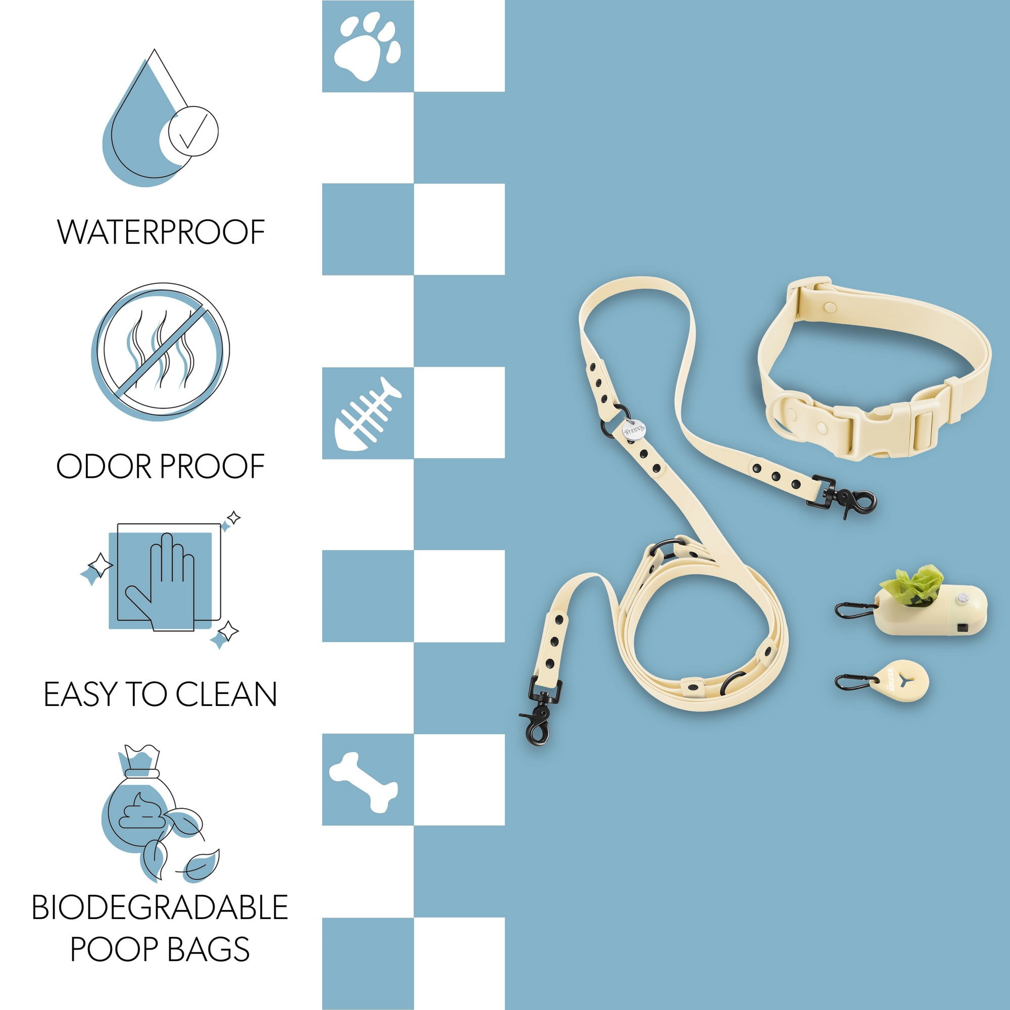 THE LICKER STORE Luna Large 8FT Adjustable 6-in-1 Waterproof Hands-Free Leash and Collar with LED Flashlight, Bag Dispenser, and Poop Bag Holder, Almond, WLK1006L-5SET