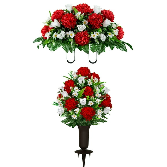 Sympathy Silks Artificial Cemetery Flowers Red Mum and White Rose Bouquet & Saddle with Vase