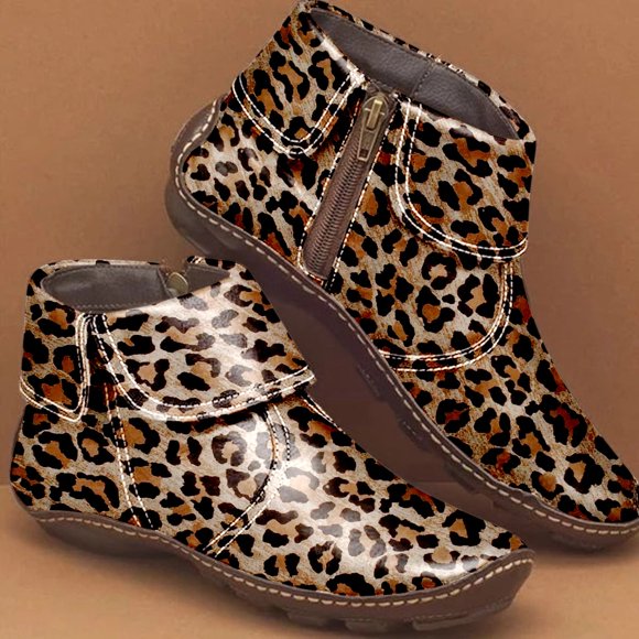 DPTALR Womens Leopard Print Flats Leather Zipper Round Toe Casual Shoes