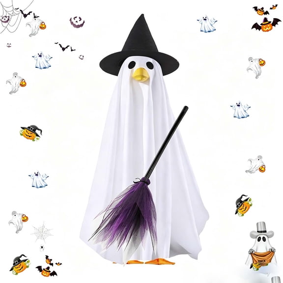 Surpdew Halloween Ghost Porch Goose Outfits Yard Garden Lawn Goose Clothes for Plastic Cement Goose Statue 23" Fall Ghost Porch Goose Costume Set for Patio Outdoor Decoration