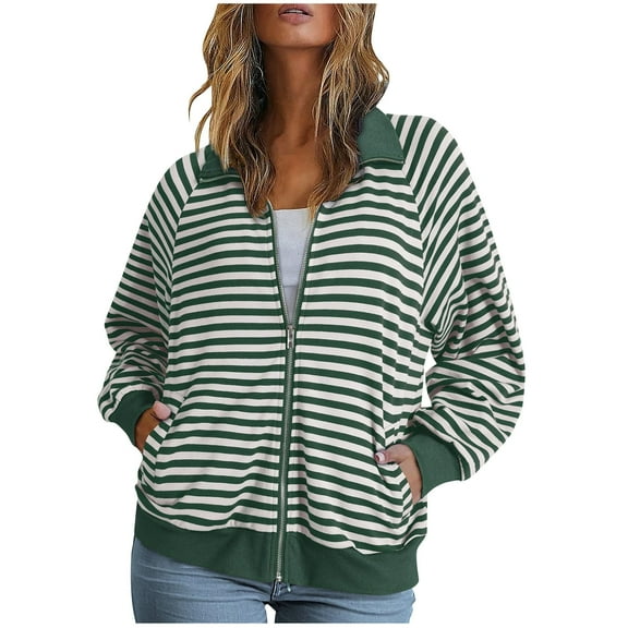 Striped Sweatshirt Jackets for Women Full Zipper Long Sleeve Raglan Jacket Outerwear with Pockets 2024 Fall Clothes