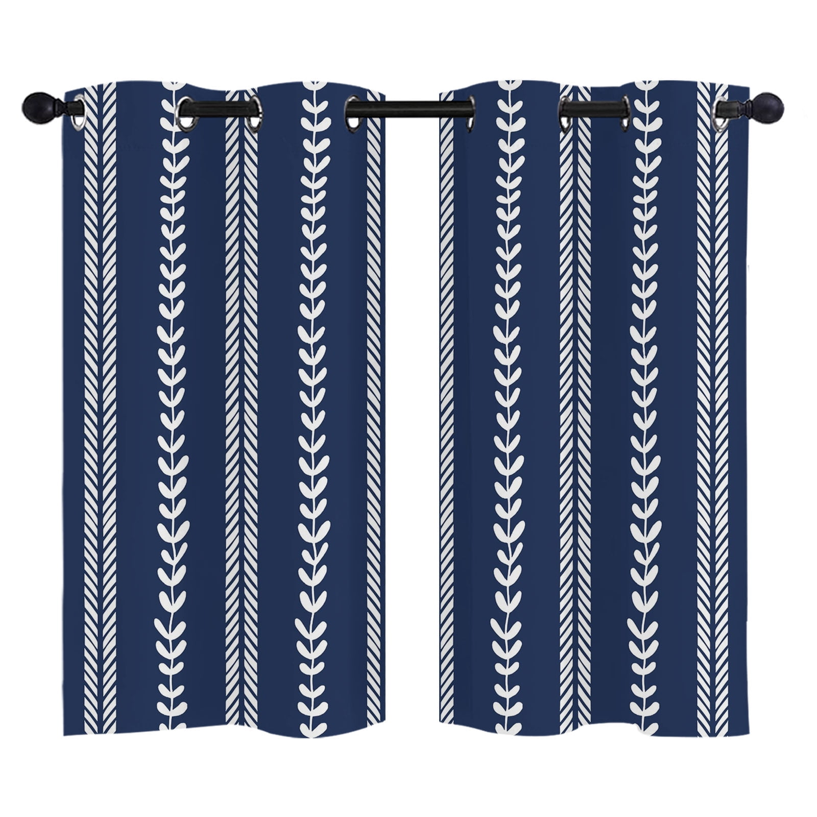 Hand-Drawn Lines Blackout Curtains 39 Inches Long Modern Abstract White Leaf Lines Navy Blue Thermal Insulated Room Darkening Drapes with Grommets for Living Room 27.5 W x 39 L 2 Panels