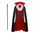 thumbnail image 3 of Adult Gothic Vampire Themed 3-Piece Outfit Set, Ruffled Collar Vest Top, Long Stand Collar Cape & Cane Prop for Halloween Party & Stage Performance Dress Up, 3 of 8