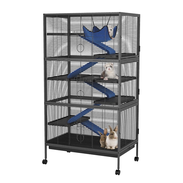 6-Tier Small Animal Cage – Large Metal Habitat with Wheels for Ferrets/Rabbits (Black, Lockable Doors)