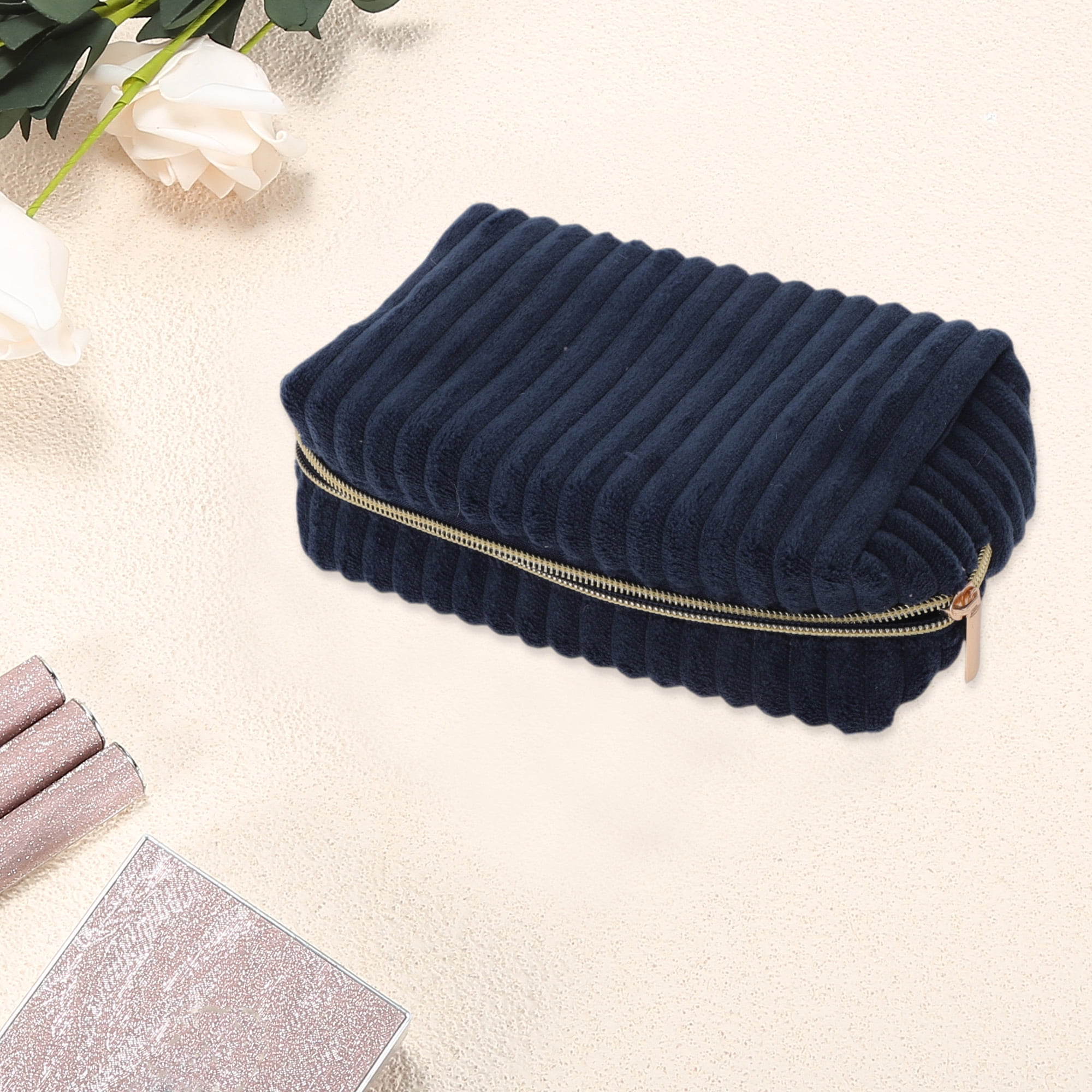 Unique Bargains 1 Pc Vertical Stripe Pattern Makeup Bag Navy Blue