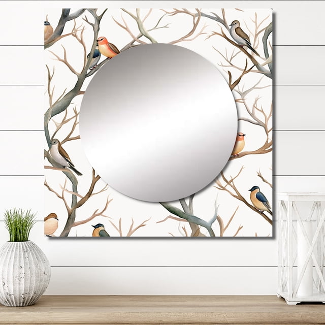 Designart "Little Birds Perched on Tree Branches IV" Animals Square Mirror For Wall Decor - Large Grey Square Mirror Printed Wall Decor - Children's Art Square Living Room Mirror