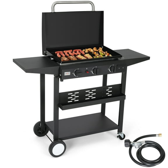 WARMOUNTS 3 Burner 23'' Propane Gas Griddle Removable, 2 in 1 Portable Flat Table Top Grill with Lid, 24600 BTU Outdoor Griddle with 4 wheels, Nonstick Enameled Tray, Side Tables, for Camping, BBQ