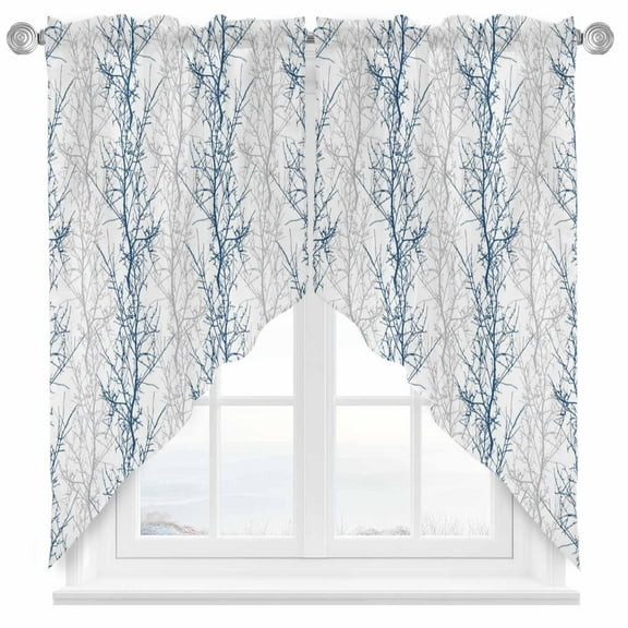 Navy Blue Swag Valances for Windows 2 Pack Grey Tree Branch Swag Kitchen Curtains 36 Inches Long Rod Pocket Short Window Treatment for Kitchen Bathroom 36"x36"