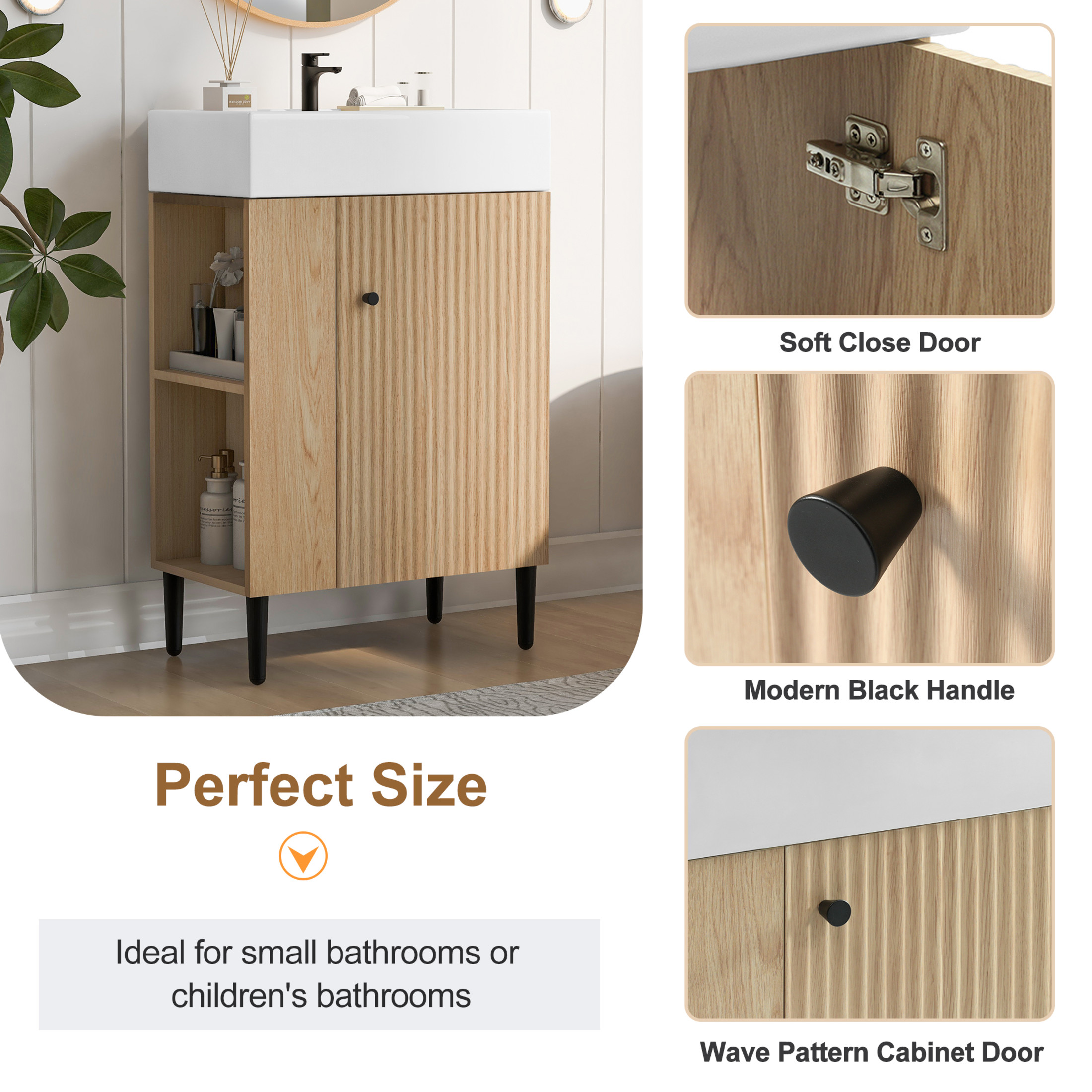 Noble House 21.6" Bathroom Vanity with Ceramic Sink, Left Side Storage Cabinet & Black Metal Legs, Wood