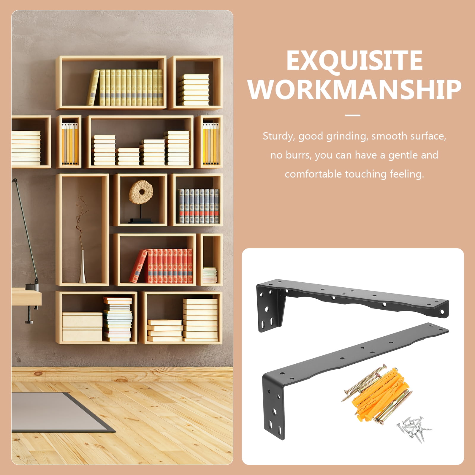 Black Iron L-Shaped Shelf Brackets for Storage Use with Smooth Surface 2 Pcs