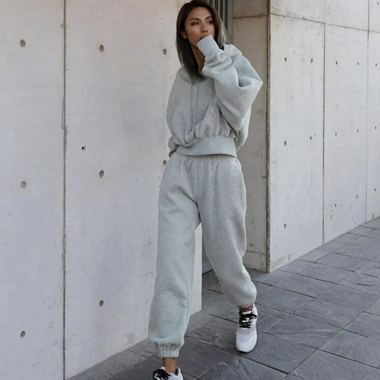 wendunide hoodies for women Two Piece Outfits Top Jacket And Elastic  Waistband Pant Women Sweatsuit Tracksuit Sets Grey 
