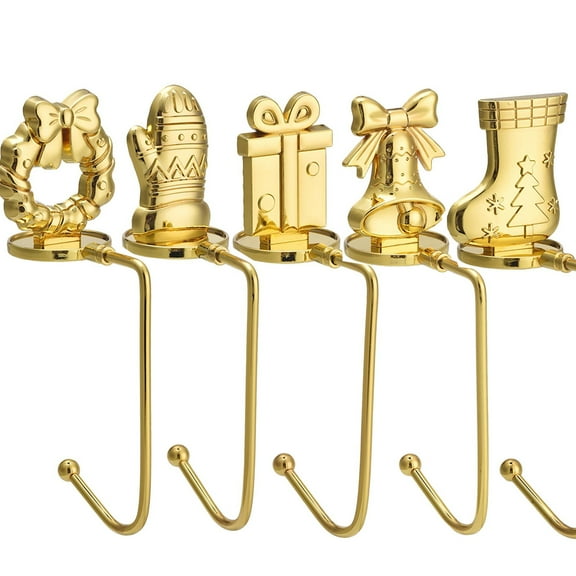 Christmas Stocking Holders for Mantles Set of 5, Wreath, Gloves, Gift, Bells, Stockings Embellish Sturdy Stocking Hook for Fireplace Counter Window Decoration