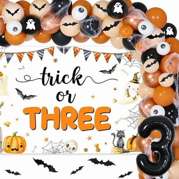 Trick or Three Theme Halloween 3rd Birthday Party Decorations Pumpkin Backdrop Number 3 Balloon Garland Arch Kit 3D Bat Wall Stickers Simulation Spider for Halloween 3rd Birthday Party Decor Supplies