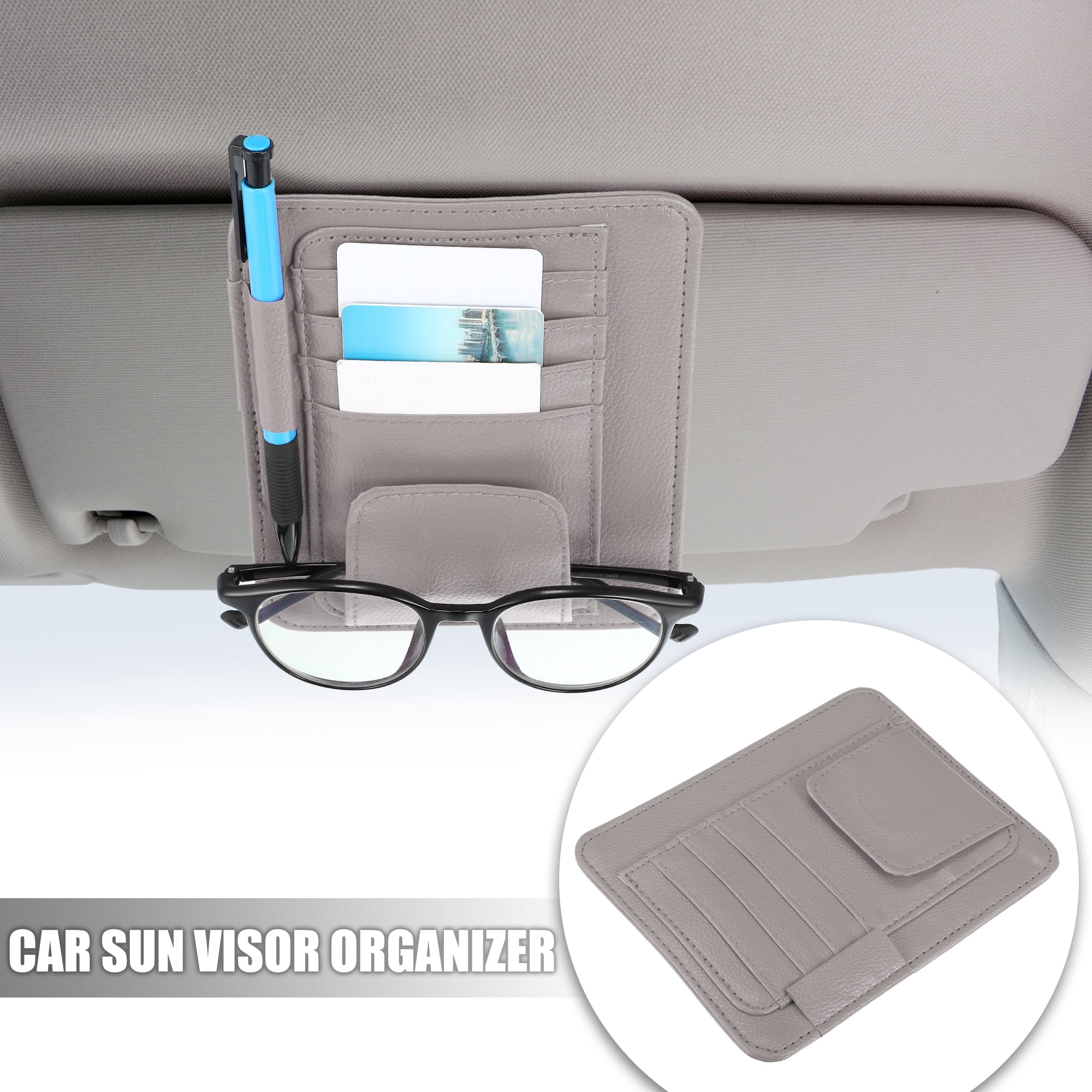 Unique Bargains PU Leather Car Sun Visor Organizer Glasses Holder and Card Holder Gray