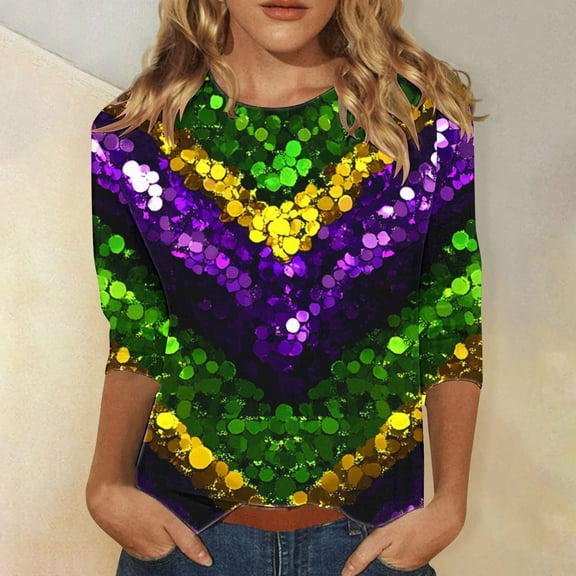 AGWOLF Mardi Gras Shirts for Women Carnival Party Outfits Round Neck 3/4 Sleeve Cute Shirt Glitter Graphic T-Shirts Festival Tops