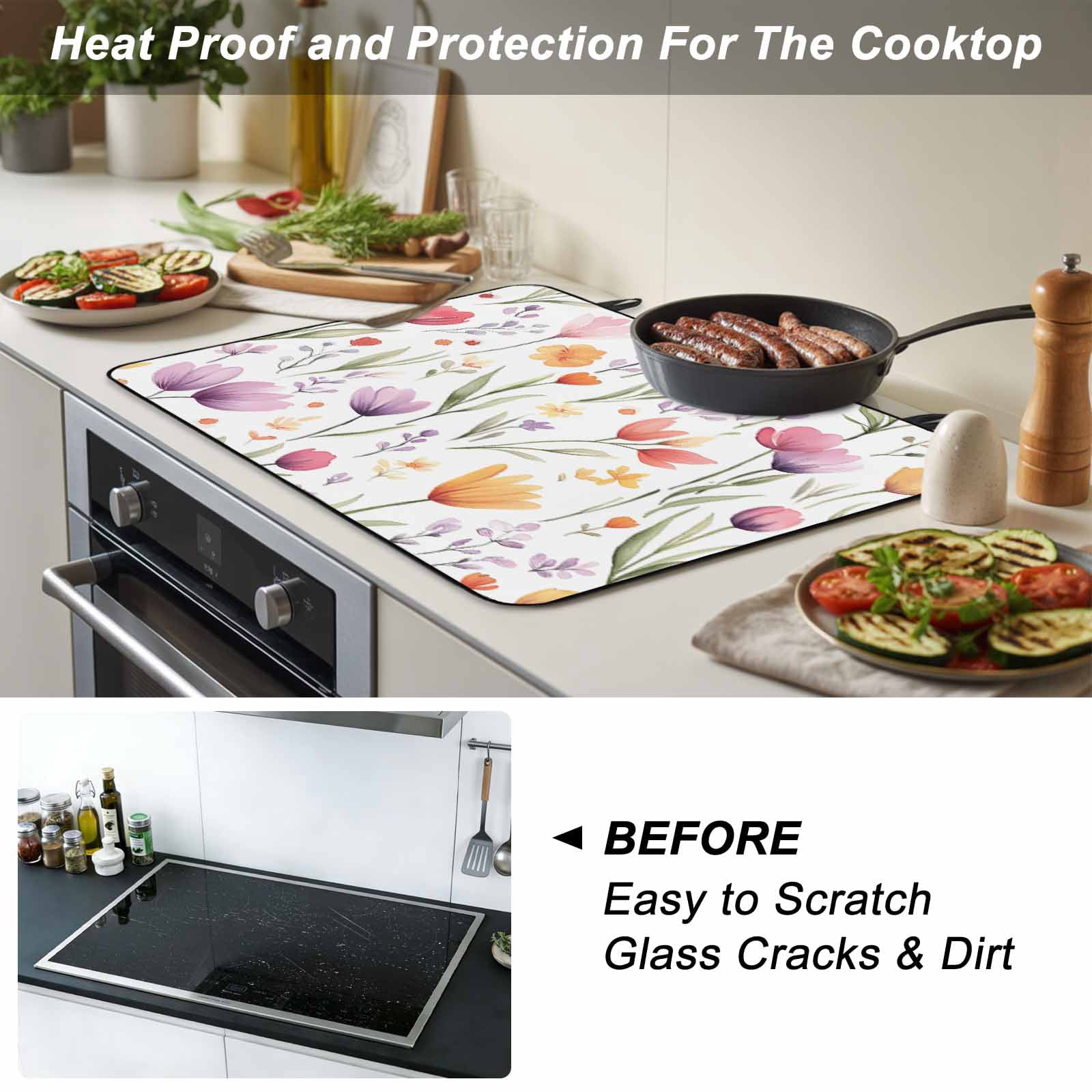 Spring Tulip Flower Stove Top Cover for Electric Stove, Heat-proof & Non Slip Glass Top Stove Cover Protector, Watercolor Spring Garden Fruit Leaf Kitchen Flat Cooktop Rubber Mat 24x21 Inches