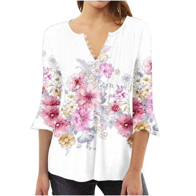 Camisetas con Cuello en V Mujeres Moda Impresa 3/4 Mangas Blusa, Top Cómodo Casual para el Hogar Y Diario