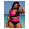 thumbnail image 2 of Plus Size Bikini Set - Women's Color Block Halter Swimsuit - Black & Hot Pink - Twist Front - Adjustable Halter - Sizes 14-22, 2 of 5