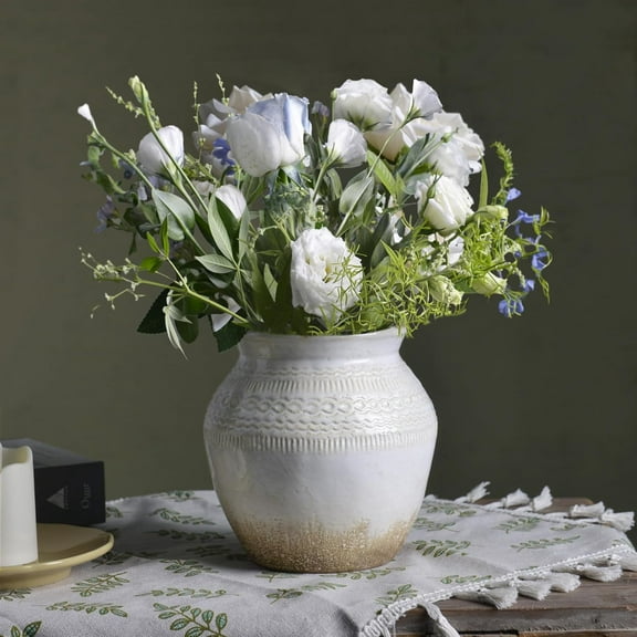 Ceramic Rustic Farmhouse Vase, White Distressed Flower Vase for Home Decor, Boho Decorative Vases for Centerpiece Table Decorations, Vases for Living Room Kitchen Entryway Mantle Shelf Decor