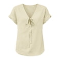 thumbnail image 5 of Tweang Women's Cotton Tops Lapel Long Blouses Tops Roll Up Short Sleeve T-shirt Embroidery Gauze T-shirt for Women V Neck Embroidered Shirt Button Down Plaid Shacket Shirt Loose Fit Tunic Beige L, 5 of 8