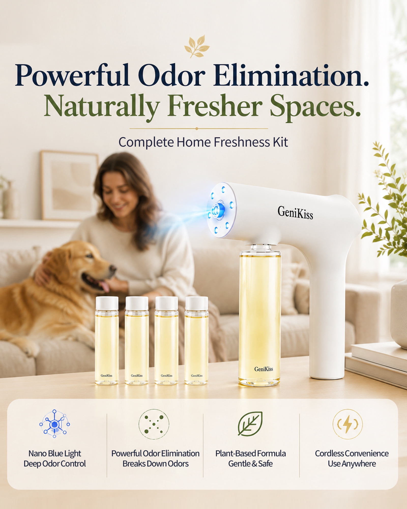GeniKiss Pet Odor Eliminator Spray, Nano Blue Light Bio-Enzyme Formula for Dog & Cat Urine, Litter Box, Carpet & Home Odors