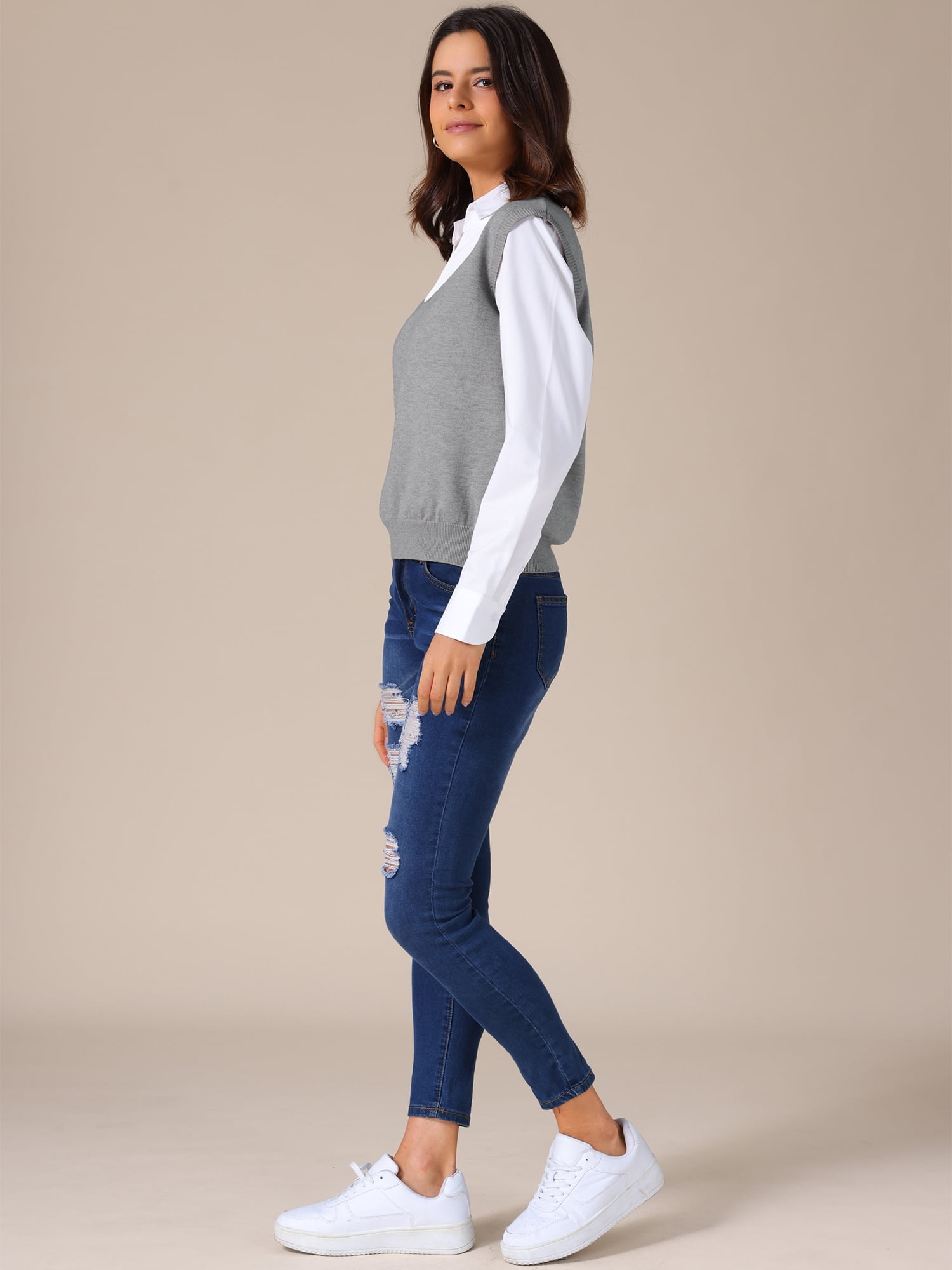 DARING DIVA Women's Uniform V Neck Knit Sleeveless Sweater Tank Tops M Grey
