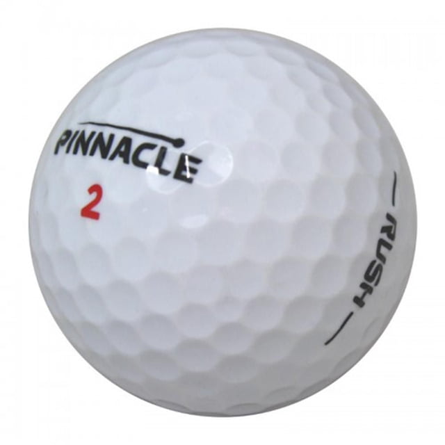 Mulligan - 12 Pinnacle Rush 4A Recycled Used Golf Balls, White, close-up of a white dimpled golf ball with black 'Pinnacle' and 'Rush' logos and red number 2, offering explosive distance from tee to green and soft feel for short game control, in near mint condition.