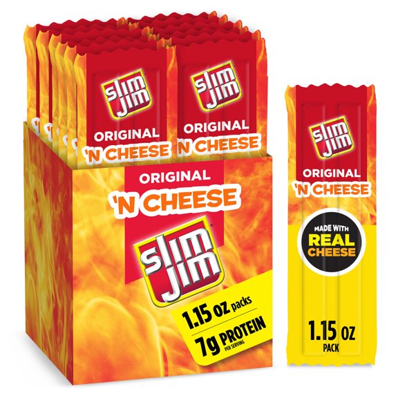 Slim Jim Beef 'N Cheese MDA05 Smoked Meat Sticks, Original Flavor, 7g Protein Per Serving, Stocking Stuffer, 1.15 oz. (14 Count)