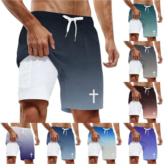 XFeng Men's 2 in 1 Swim Trunks, Print Board Shorts with Compression Liner, Quick Dry Beach Swim Shorts with Pockets
