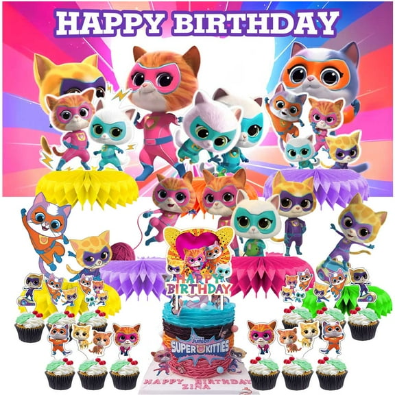 Superkitties Super Kitties Party Decorations Decor Supplies Honeycomb Centerpieces Table Toppers Cake Toppers for Birthday Photo Props