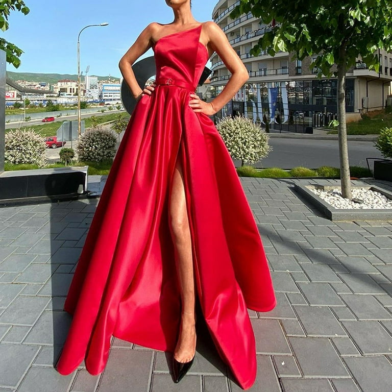 Qolati Satin Bridesmaid Dresses for Women Mermaid Prom Dresses 2024 Long with Slit One Shoulder Ball Gowns for Women Formal Wedding Dress Red XXL 12,