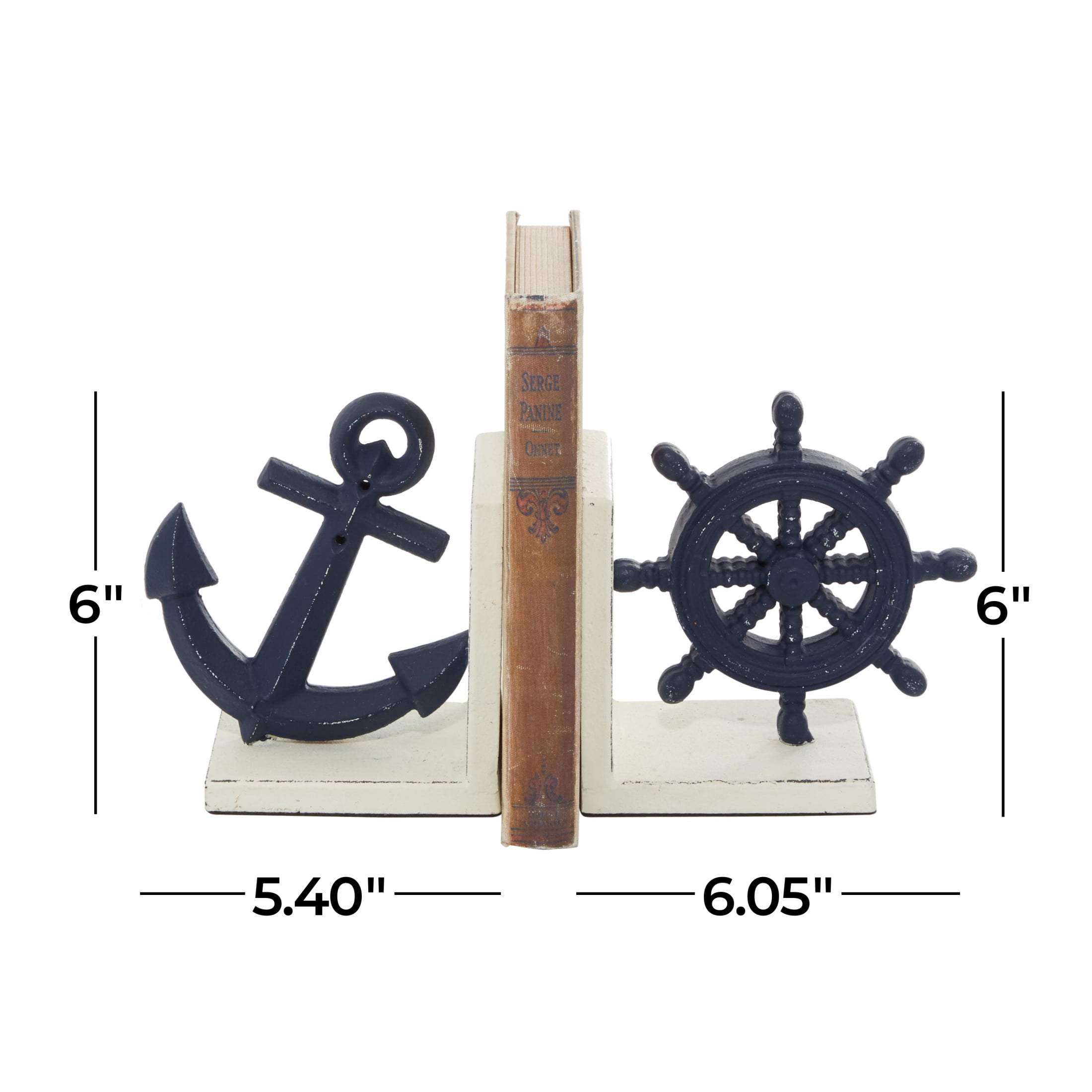 DecMode 6" Anchor Ship Wheel Blue Metal Bookends (Set of 2)