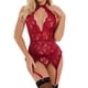 thumbnail image 1 of Ropa interior de una pieza con medias de tentación sexy con escote en V y encaje halter con pantalones T para mujer, 1 of 4
