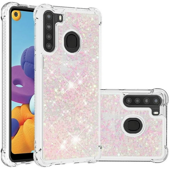 Compatible with Samsung Galaxy A21 Case Glitter Liquid Cute Clear Phone Case Floating Quicksand Shockproof Protective Bumper Silicone Soft TPU Case for Samsung Galaxy A21 Star Pink YB