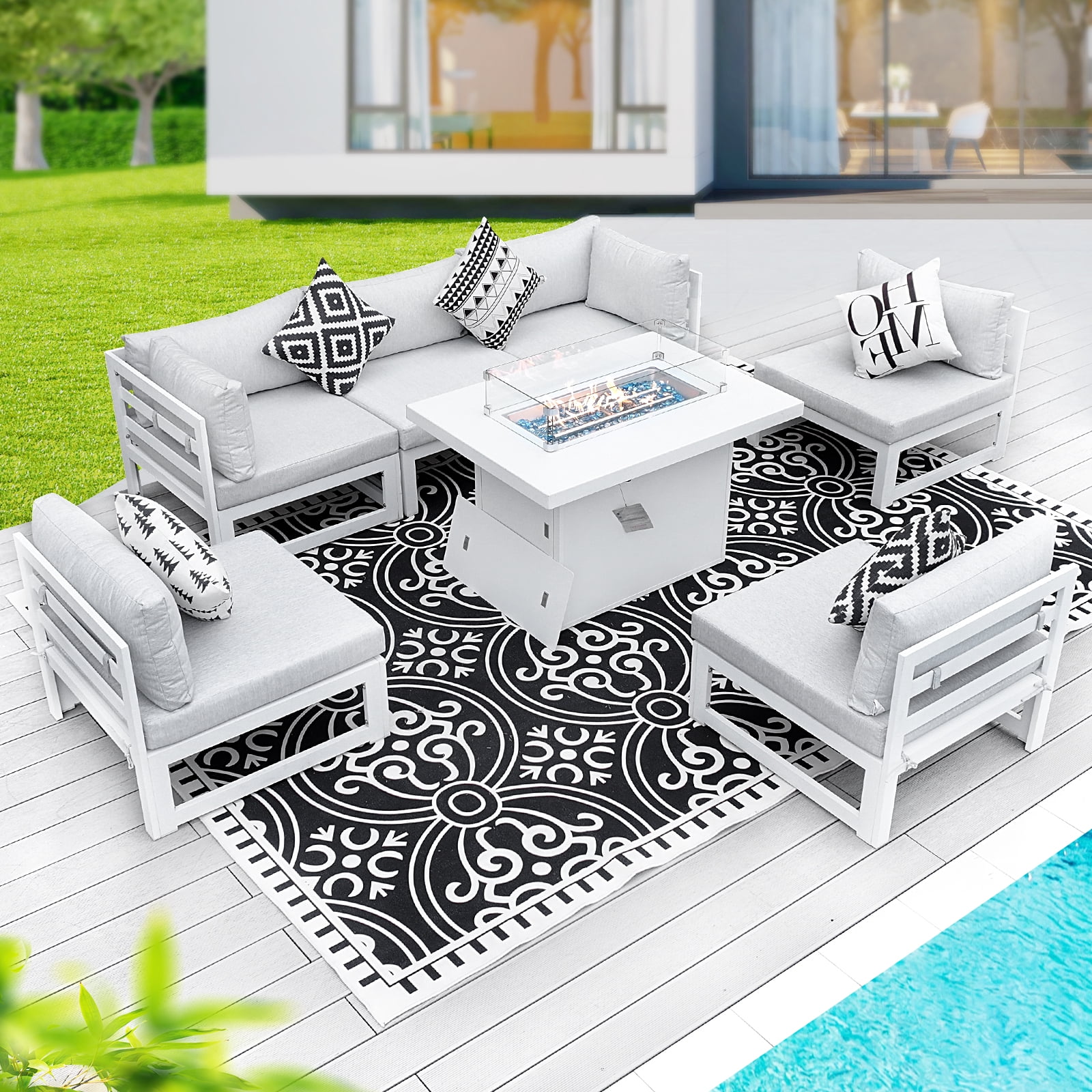 RADIATA Aluminum Outdoor Furniture with Fire Pit Patio Sofa Conversation Set White 6 Seating