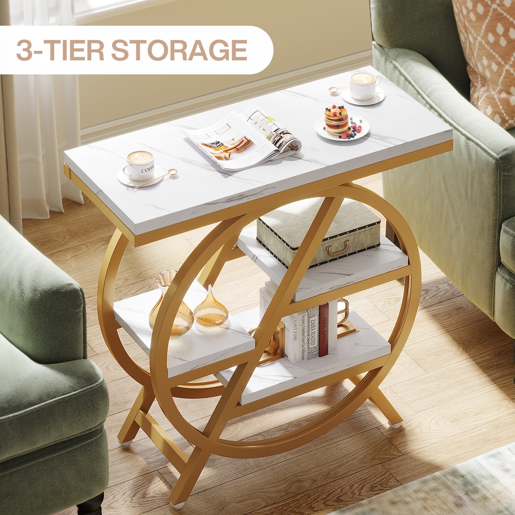 Fnova End Table Modern Wood Narrow Farmhouse Side Tables with Storage Shelf for Living Room, Bedroom, Nightstand